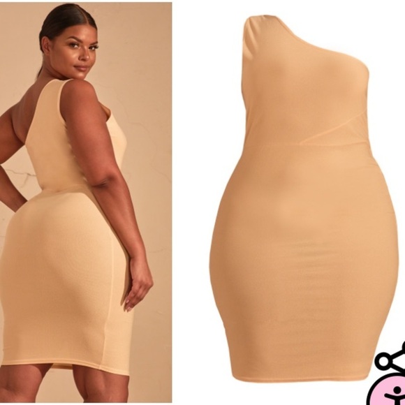NWT PRETTYLITTLETHING Nude Plus One Shoulder Slinky Bodycon Mini Dress - Picture 4 of 11